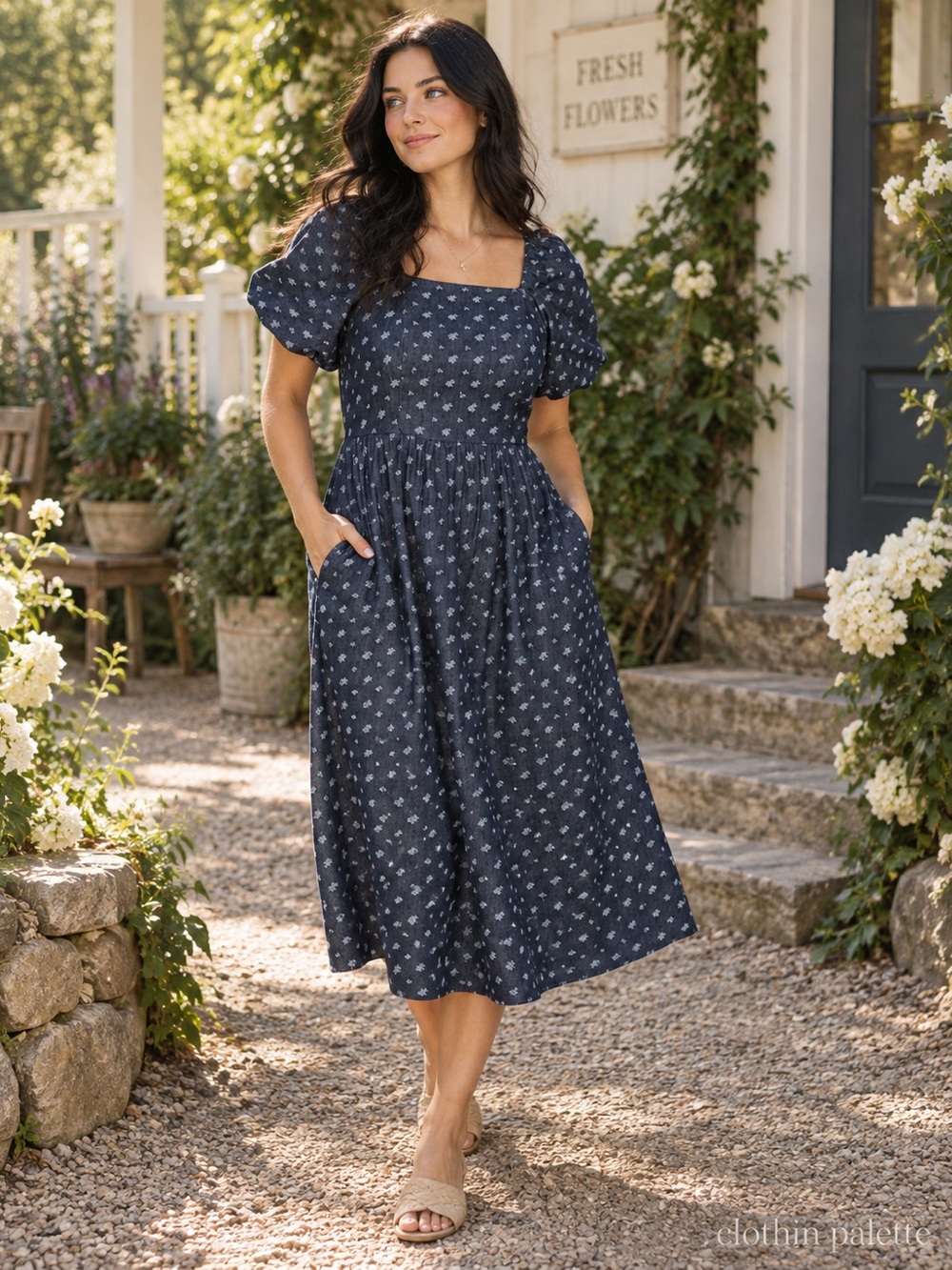 NWT Orange Creek Navy Floral Puff Sleeve Midi Dress Pockets Size Small